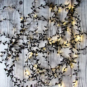 May include: A string of decorative fairy lights featuring thin, flexible wire intertwined with small, dark black leaf-shaped accents. The strand is illuminated by numerous tiny, warm white LED bulbs distributed throughout the foliage design.