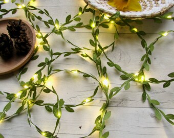 Green Vine Leaf fairy lights, Boho wedding string light fixture, battery operated, usb plug, remote control. ivy leaves, greenery bunting.