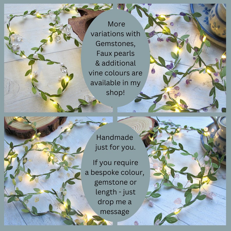 Pearl & leaf fairy lights. Vine leaves greenery garland. Battery string lights. Boho wedding home decor. Bedroom Dining table party lighting image 10