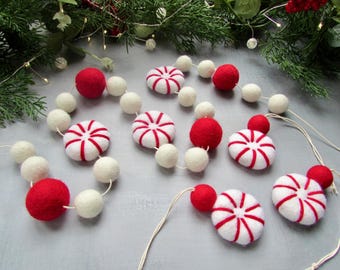 Felt Christmas Garland Candy Cane Peppermint. Christmas decor. Cozy hanging ornament, festive holiday party decorations, winter tree display