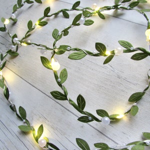Pearl & leaf fairy lights. Vine leaves greenery garland. Battery string lights. Boho wedding home decor. Bedroom Dining table party lighting image 7