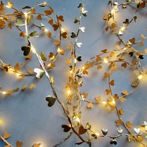 May include: String lights with gold heart-shaped decorations. The warm white lights are arranged along a flexible wire, creating a soft glow. Ideal for adding a touch of romance to any space. The garland is perfect for festive decor.