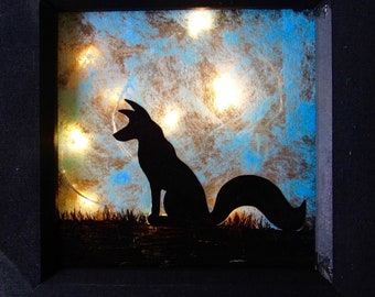 Framed Fox Silhouette night light, woodland animals fox lamp, woodland decor/ woodland nursery night light, wildlife gift, Blue shadowbox