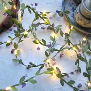 Amethyst & Olive Leaf vine fairy lights. Battery LED gemstone string lights. Boho wedding home decor. Bedroom Dining table party decorations