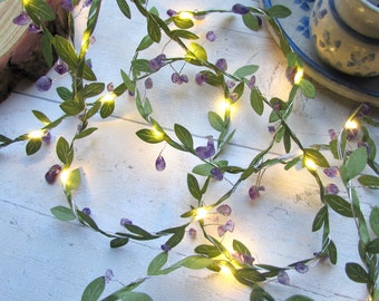Amethyst & Olive Leaf vine fairy lights. Battery LED gemstone string lights. Boho wedding home decor. Bedroom Dining table party decorations
