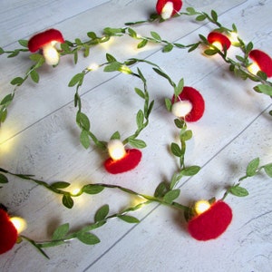 Mushroom Fairy Lights Green Leaf garland. LED red toadstool lamp string lights. Fairycore woodland nursery party decor. Goblincore fall vine image 3