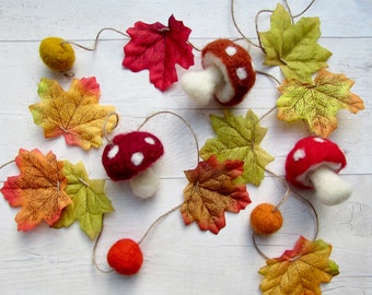Autumn Garland of Fall Leaves Toadstool Mushrooms Pumpkins Felt balls. Rustic bunting. Wedding decorations, halloween, Christmas decor