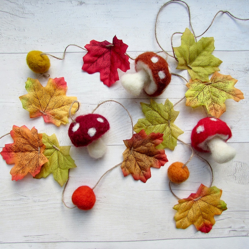 Autumn Garland of Felt Pumpkins or Toadstool Mushrooms Fall Leaves Pompom Balls. Rustic bunting. Halloween decorations. party home decor image 7