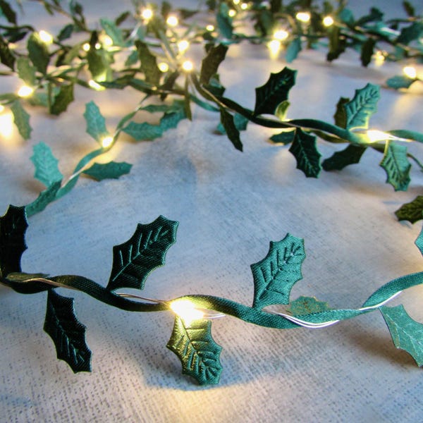 Holly Fairy Lights. Christmas decor Green Holly string lights. Christmas decoration table centrepiece lighting Holiday hosting window mantel