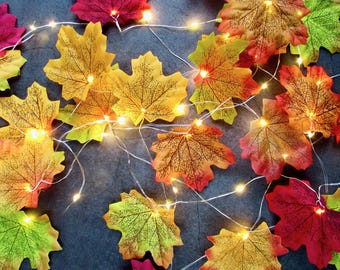 Autumn fairy lights. Fall leaves string lights. Cottagecore room Halloween home decor. Woodland Autumn decor,  Rustic wedding table decor uk