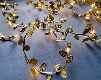 Gold Fairy Lights. Metallic leaf string lights. Farmhouse home decor. Rustic Summer, Gothic wedding table decor, holiday Hosting, host gifts