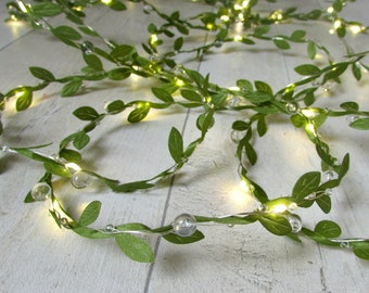 Green Leaf & Crystal Fairy Lights. Woodland home decor. Rustic wedding table garland. Cottagecore, fairycore, Boho string lights centrepiece