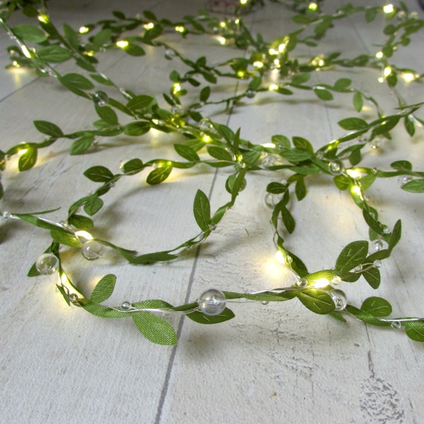 Green Leaf & Crystal Fairy Lights. Woodland home decor. Rustic wedding table garland. Cottagecore, fairycore, Boho string lights centrepiece