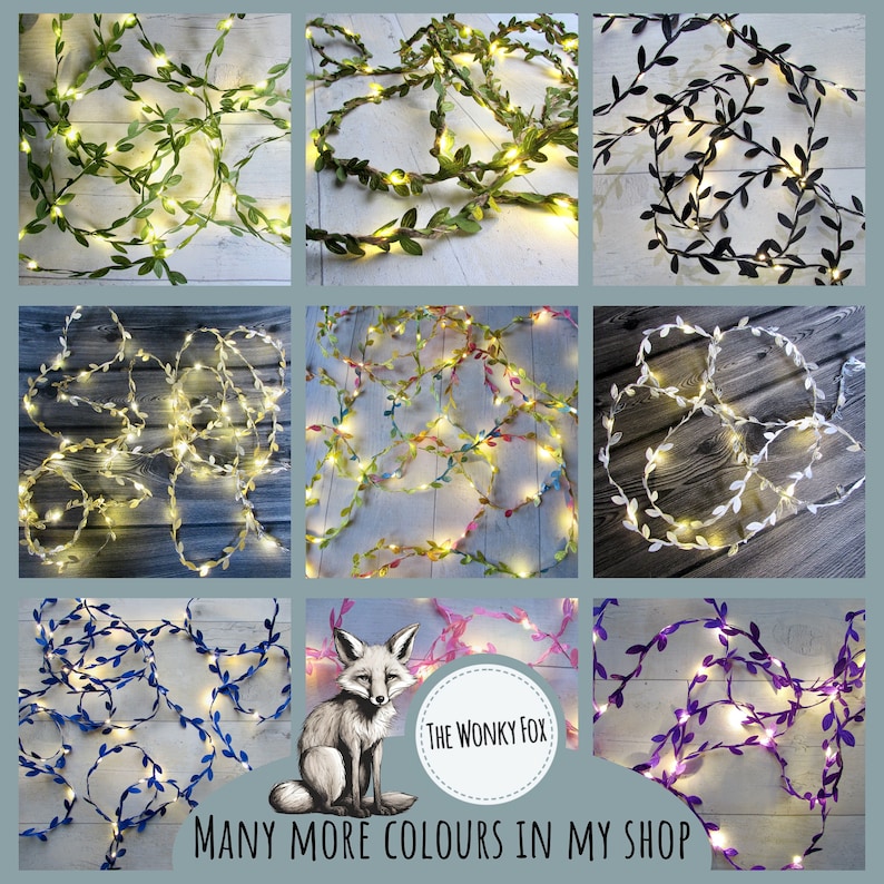 May include: A collage of images showing different colors of fairy lights with leaves. The lights are strung on a wire and have small, white bulbs. The leaves are made of fabric and are in various colors, including green, black, white, yellow, pink, blue, and purple. The text "The Wonky Fox" and "Many More Colours In My Shop" is visible in the image.