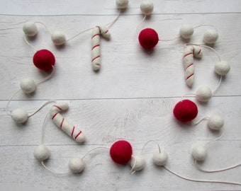 Christmas Garland of Candy Cane Peppermint & Felt Balls. Holiday decor Christmas bunting. Traditional Xmas candycane ornament decorations uk