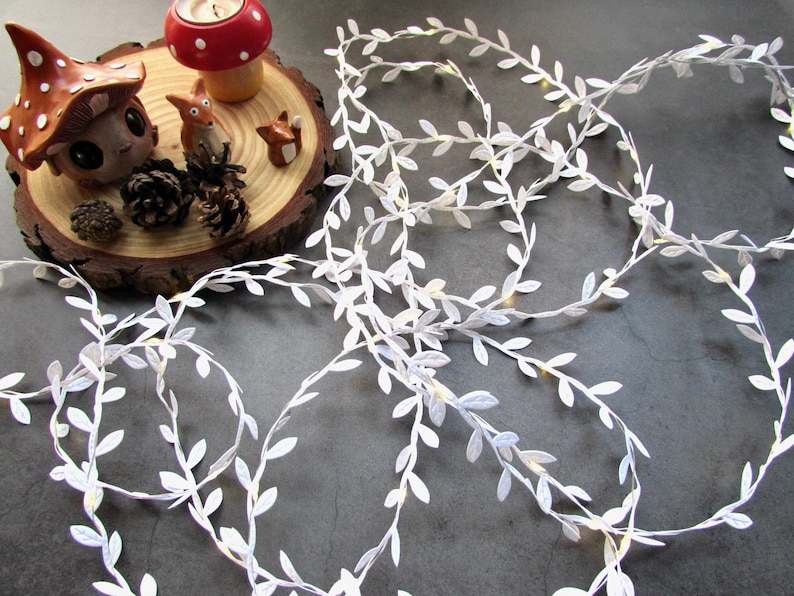 White string lights. Rustic fairy lights. Leaf garland bunting, Farmhouse home decor, Christmas decor, Cottagecore winter table decoration image 1