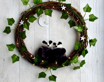 Rustic wreath with woodland animals, lights, Moon, Stars, & Ivy on a grapevine hoop. Evergreen wreath. Nature wildlife animal lover gift.