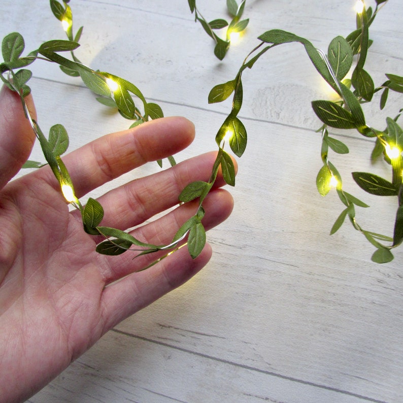 Pearl & leaf fairy lights. Vine leaves greenery garland. Battery string lights. Boho wedding home decor. Bedroom Dining table party lighting image 4