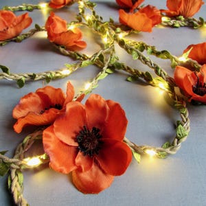 Orange Poppy flower fairy lights. Boho floral string lights garland, easter dining, wedding party lighting, wildflower summer home decor