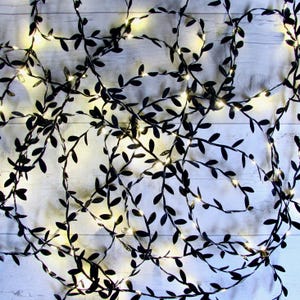 May include: A string of decorative fairy lights featuring thin, flexible wire intertwined with small, matte black leaf-shaped accents. The strand is illuminated by numerous tiny, warm white LED bulbs positioned at intervals along the vine-like structure.
