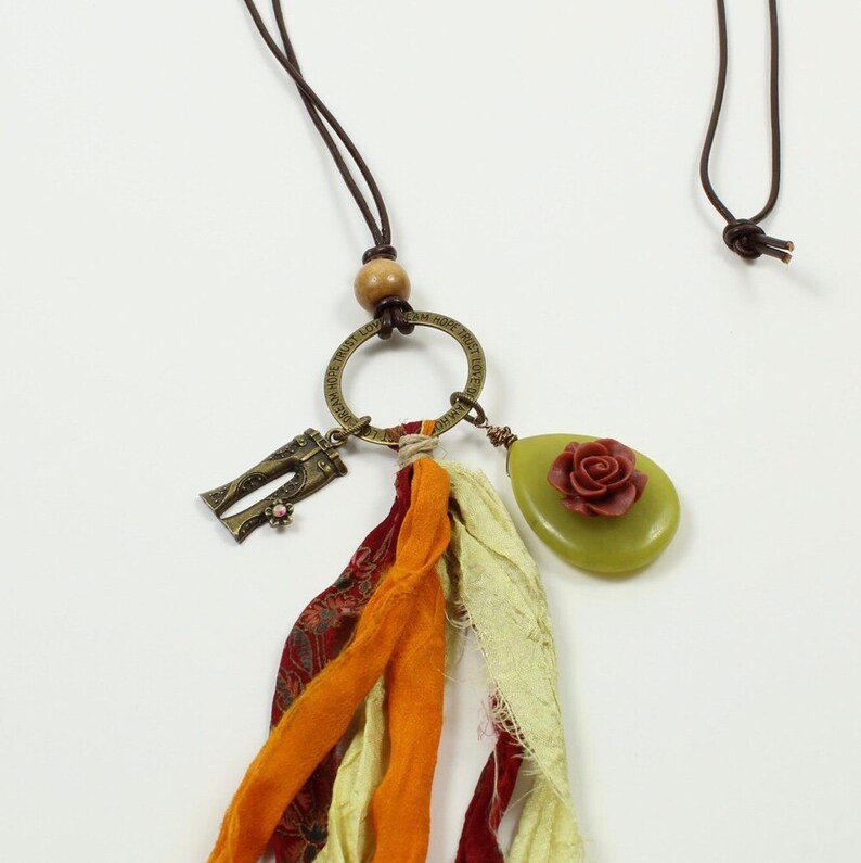 Mothers day gift, Gemstone charm Tassel charm necklace Tassel pendant Silk tassel Boho tassel necklace Long charm necklace