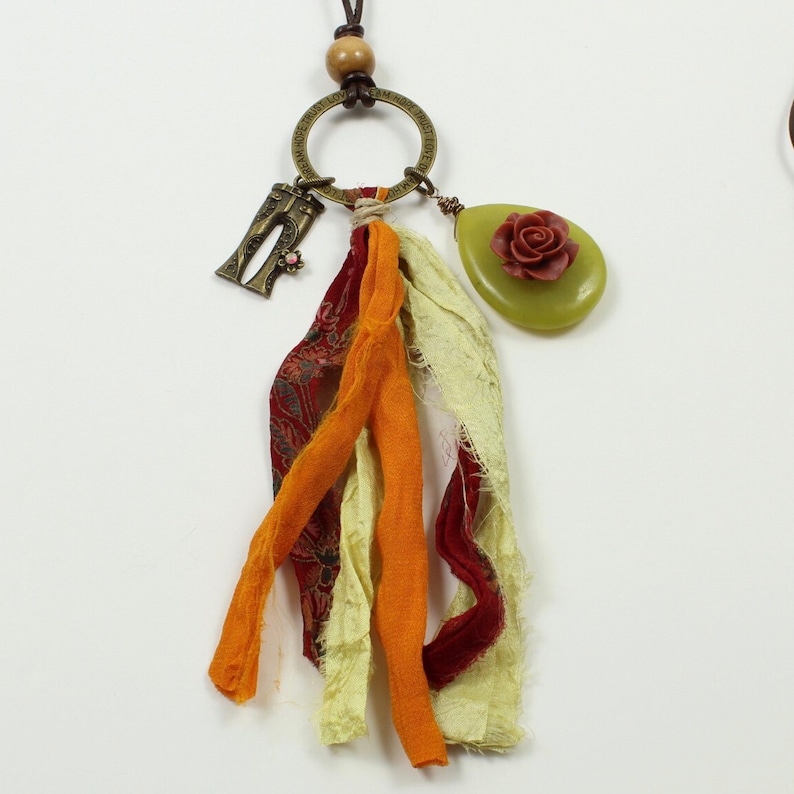 Mothers day gift, Gemstone charm Tassel charm necklace Tassel pendant Silk tassel Boho tassel necklace Long charm necklace