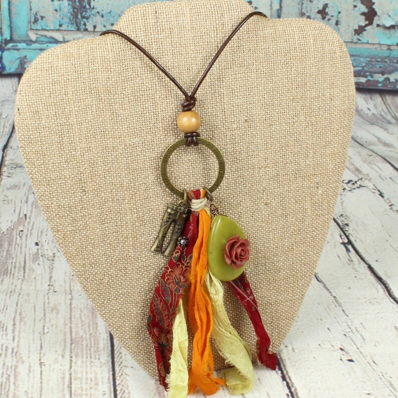 Mothers day gift, Gemstone charm Tassel charm necklace Tassel pendant Silk tassel Boho tassel necklace Long charm necklace