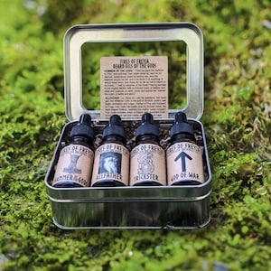 Beard Oils of the Gods Gift Tin, Premium Viking Beard Oil  Set, Beard and Skin Care, Gift for Bearded Man, Thank you Gift, Norse Mythology