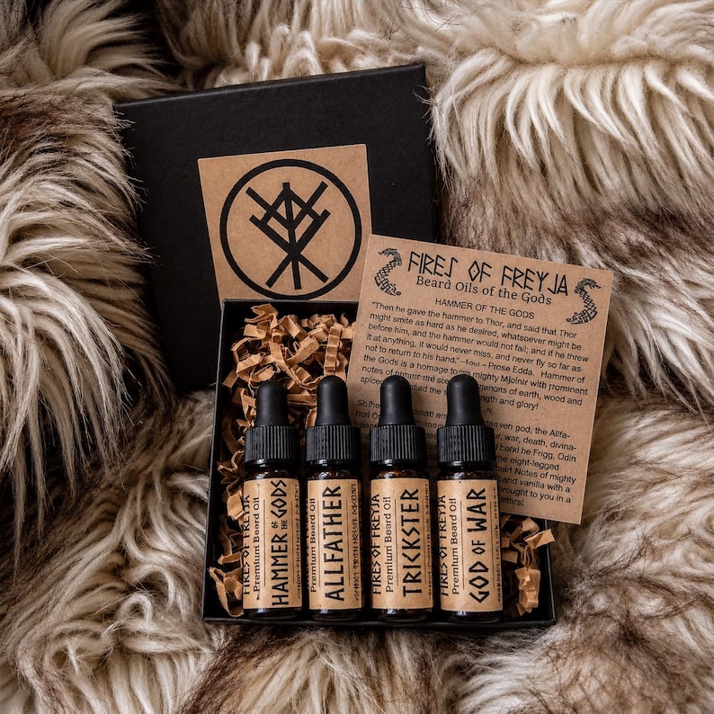 Set de regalo de aceites para barba "Los Dioses", aceites perfumados de inspiración vikinga.