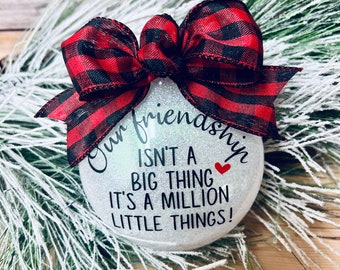Friendship Ornament – Glitter Gift, Red Buffalo Plaid Bow