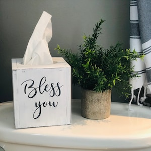 Tissue Box Cover | Farmhouse Bless You Wooden Tissue Holder | Rustic Bathroom or Kitchen Decor | Handmade Gift