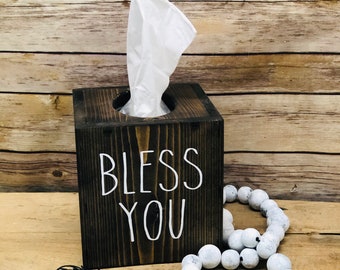 Handmade Wood Tissue Box Cover - "Bless You" - Farmhouse Decor