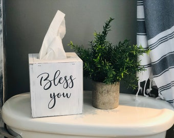 Handmade Farmhouse Tissue Box Cover: Rustic Wooden 'Bless You' Decor