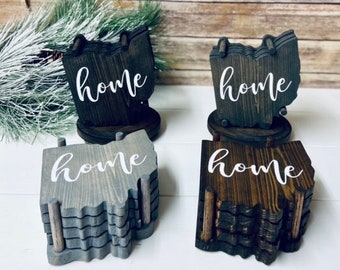 Ohio Wood Coasters with Stand: Cleveland, Columbus, Farmhouse Decor
