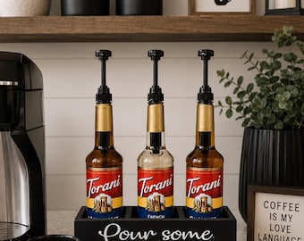 Farmhouse Coffee Syrup Organizer: Rustic Coffee Bar Decor, Three bottle