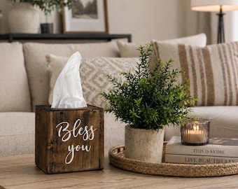 Bless You Tissue Box Cover | Distressed Farmhouse Wooden Holder | Rustic Bathroom Decor