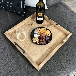 Ottoman Tray with Handles | Custom Wood Large Centerpiece Serving Tray | Handmade Coffee Table Decor | Tray for bed