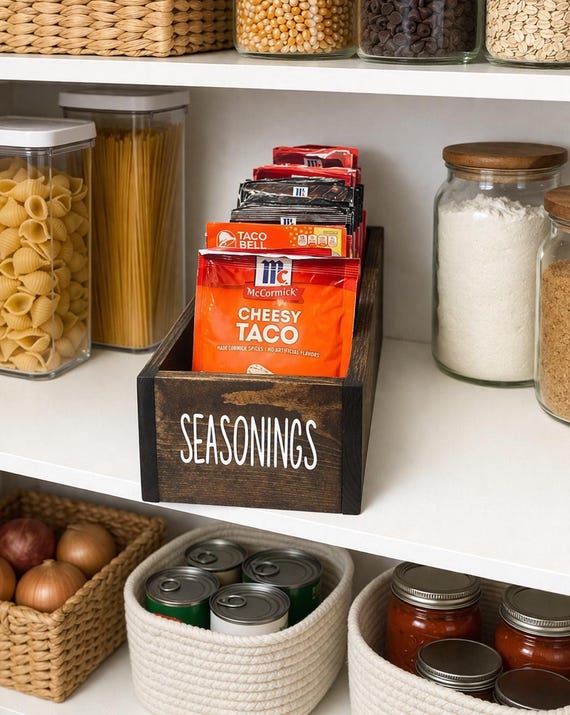 Pantry Organizer Seasoning Packet Holder | Custom Wooden Spice Crate | Farmhouse Kitchen Storage