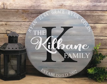 Custom Family Name Sign: Round Wood Anniversary Gift