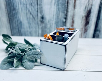 Distressed White Wooden Drink Mix Organizer: 3-Slot Flavor Packet Holder