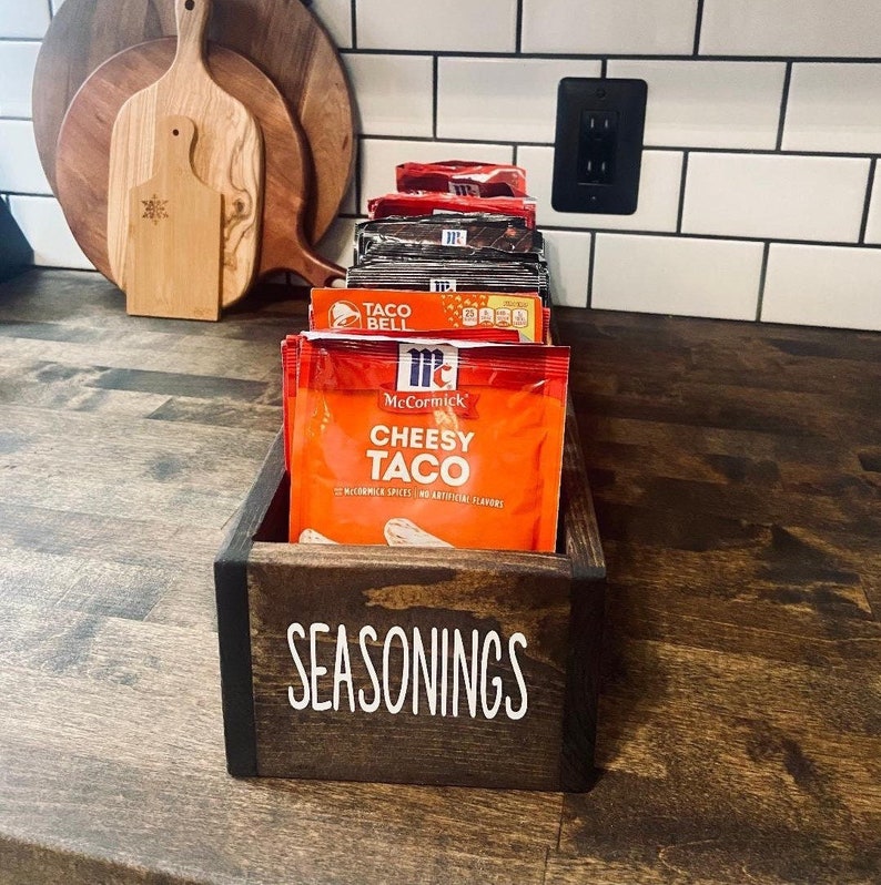 Pantry Organizer Seasoning Packet Holder | Custom Wooden Spice Crate | Farmhouse Kitchen Storage