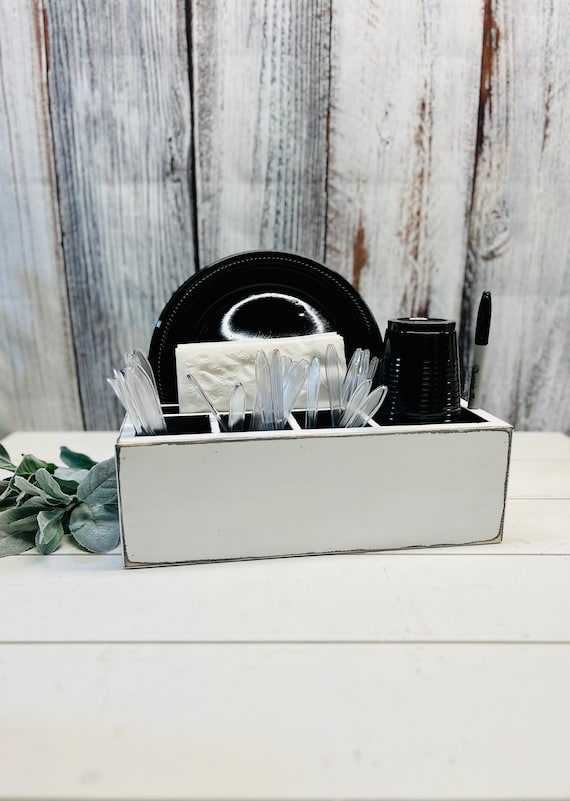 Paper Plate Holder, Utensil Caddy Organizer, Wood Paper Plate Dispenser,  Silverware Caddy Holder, and Disposable Coffee Bar Accessories Box for