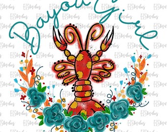 Bayou Girl Shirt Design, Teal and Red Crawfish, Hand-Drawn Crawfish