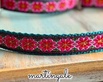 Passion Flower Martingale Dog Collar Black Choke Collar for Sight Hounds Greyhound Martingale Collar Flower Martingale for Girl Dog Pink