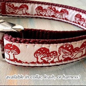 Magic Mushroom Jacquard Dog Collar Leash or Step in Harness Burgundy Toadstool Cottage Core Dog Collar for Adventure Dog