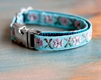 Mermaid Garden Teacup Dog Collar Dog Leash or Step-in Dog Harness for Dogs Under Ten Pounds Flower Dog Collar for Girl Dog Blue Harness