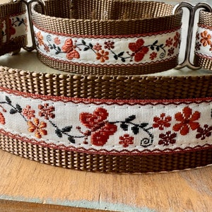 1.5&quot; Brown Moth Martingale Dog Collar or Leash • Embroidered Fabric • Greyhound Style • M-XXL • Control Loop • Silver Metal • Buckle Option
