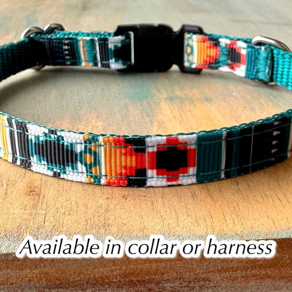 Southwest Teal Breakaway Cat Collar or Walking Cat Harness Green Aztec Design Kitten Collar for Male Cat or Male Kitten