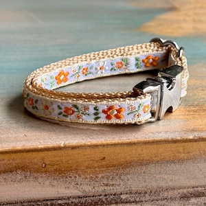 May include: A beige dog collar with a floral pattern in orange and green on a white background. The collar has a silver metal buckle.