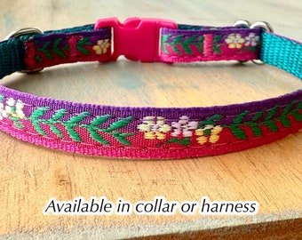 Summer Cosmos Breakaway Cat Collar or H Style Walking Cat Harness Purple and Pink Floral Harness for Kitten